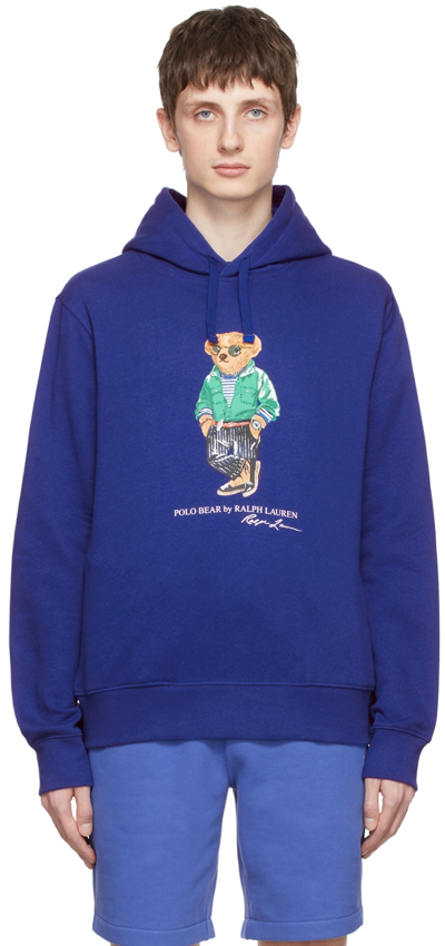 Polo Ralph Lauren Cotton Blend Fleece Polo Bear Printed Hoodie In Blue