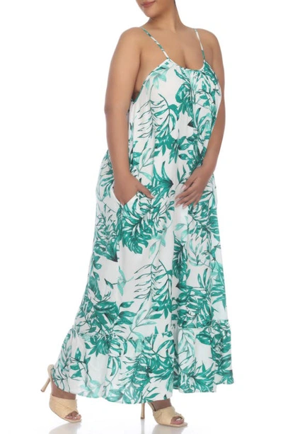 Boho Me Scoop Neck Spaghetti Strap Floral Print Maxi Dress In White/ Green Print