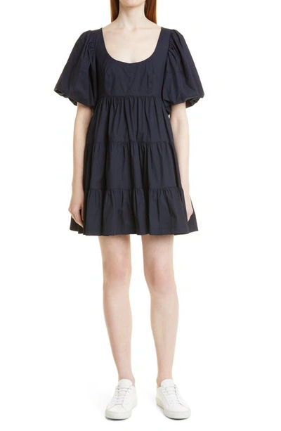 Cinq À Sept Ethel Puff-sleeve Tiered Mini Dress In Navy