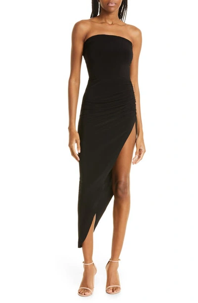 Norma Kamali Strapless Fitted Midi Dress With Asymmetric Hem In Black