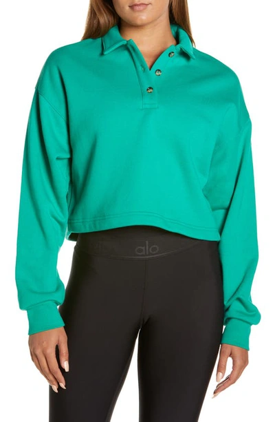 Alo Yoga Polo Henley Fleece Sweater In Green Emerald