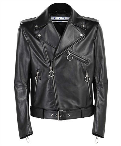 Off-white Acrylic Arrow Leather Biker Jacket In Black