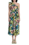 DONNA MORGAN FOR MAGGY FLORAL ONE-SHOULDER STRETCH COTTON DRESS