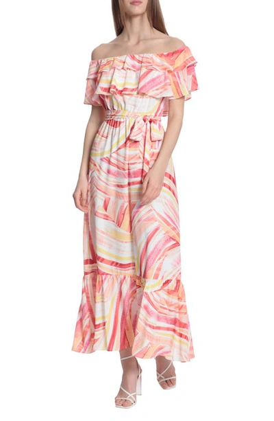 Donna Morgan For Maggy Mix Stripe Off The Shoulder Maxi Dress In Soft White/coral