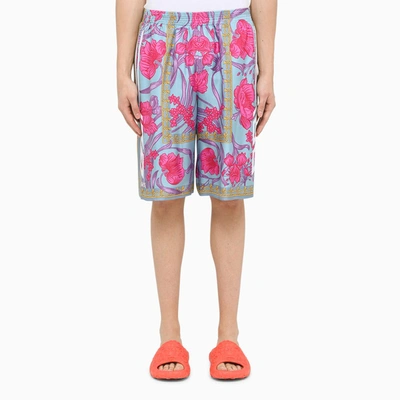 Versace Art Deco Floral Silk Shorts In 蓝色