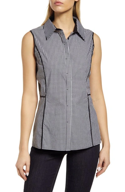 Ming Wang Gingham Collared Sleeveless Top In Black/ White