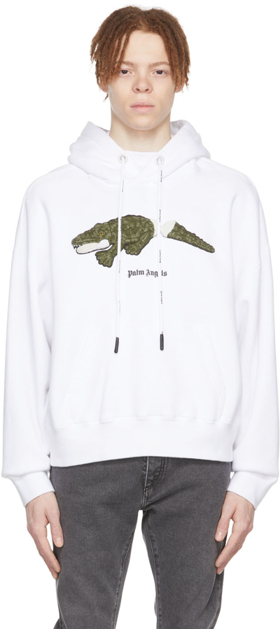 Palm Angels Crocodile Embroidery Cotton Hoodie In White