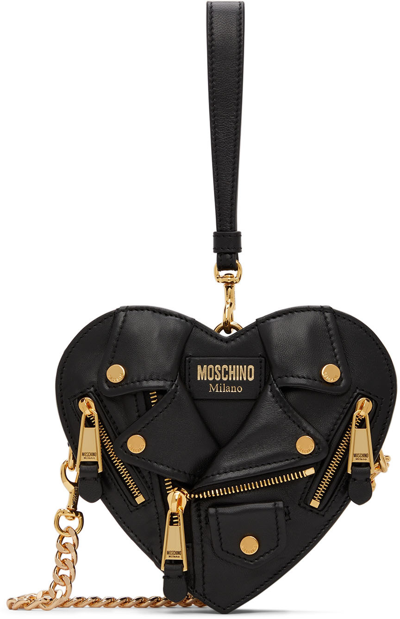 Moschino Heart-shape Moto Leather Crossbody Bag In Black