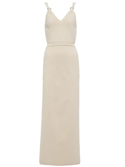 Rabanne Light Beige Long Jersey Dress With Side Slits And Metallic Rings