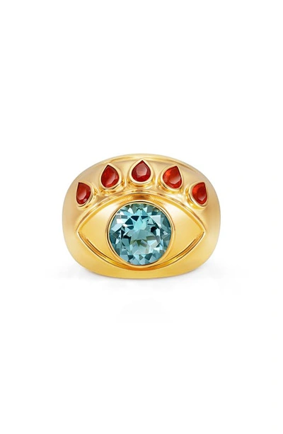 Nevernot Ready To See You 18k Yellow Gold Opal; Topaz Eye Ring In 18k Gold And Blue Topaz