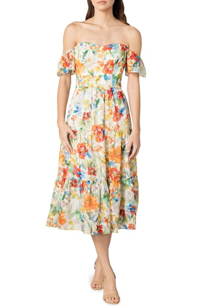 Dress The Population River Off The Shoulder Tiered Midi Dress In Canary  Multi | ModeSens