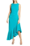 Eliza J Asymmetric Ruffle Hem Cocktail Dress In Bright Turquoise
