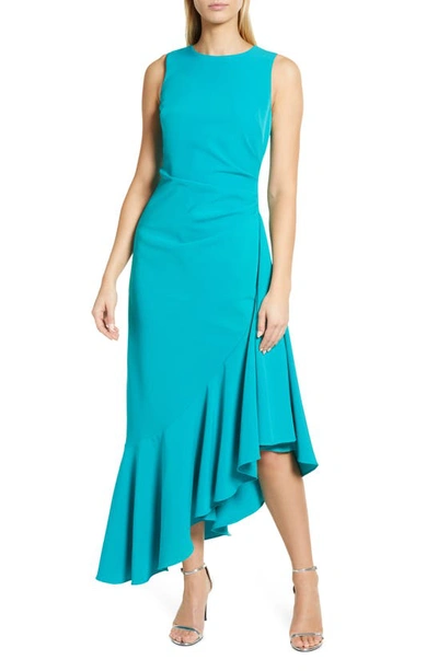 Eliza J Asymmetric Ruffle Hem Cocktail Dress In Bright Turquoise