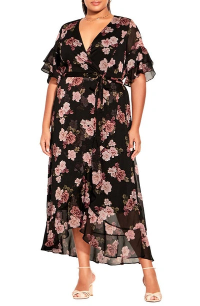 City Chic Floral Chiffon Dress In Floating Rose