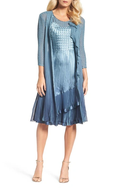 Komarov A-line Dress With Long Cascade Jacket In Silver Blue Night