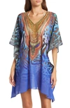 Ranee's Bright Printed Poncho In Blue