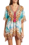 Ranee's Lace-up Printed Kimono In Turquoise