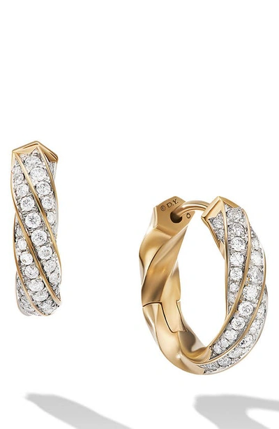 David Yurman Cable Edge Huggie Hoop Earrings In Recycled 18k Yellow Gold With Pave Diamonds In White/gold