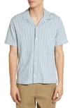 Vince Cabana Stripe Cotton Short Sleeve Button-up Shirt In Smoke Blue/ Off White