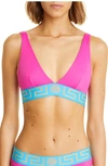 Versace Pink Greca Border Triangle Bikini Top In Cerise Teal