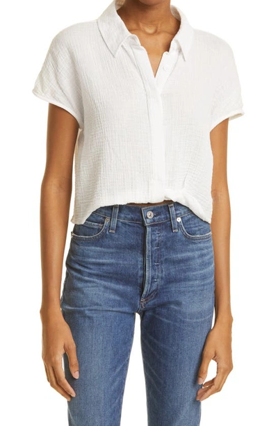 Monrow Short Sleeve Organic Cotton Gauze Button-up Shirt In White