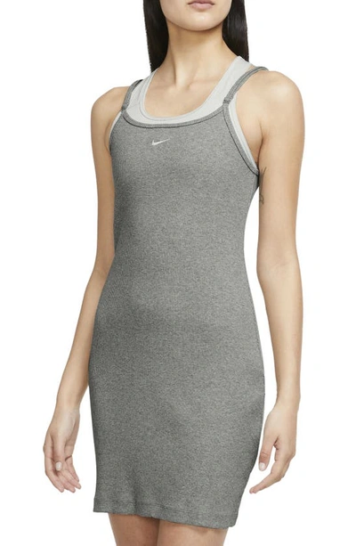Nike Ribbed Stretch Cotton Minidress In Dk Grey Heather/ White
