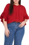 Vince Camuto Plus Size Ruffle Sleeve Henley Blouse In Dark Red
