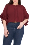 Vince Camuto Plus Size Ruffle Sleeve Henley Blouse In Geranmium