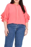 Vince Camuto Plus Size Ruffle Sleeve Henley Blouse In Lush Coral