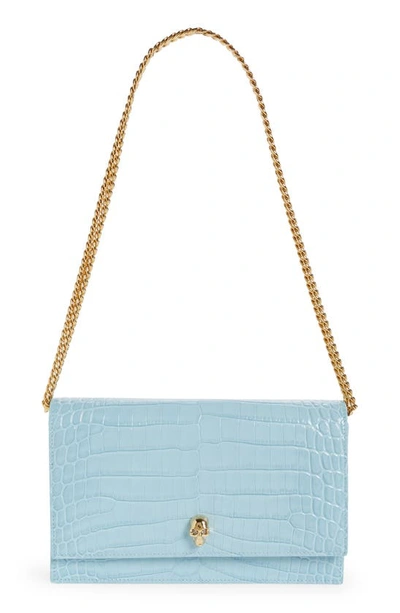Alexander Mcqueen Mini Skull Croc Embossed Leather Bag In Pale Blue