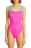 Versace Greca-pattern Scoop-back Swimsuit In Cerise Teal