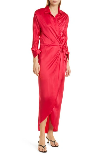 Twp Nights At Hotel Du Cap Long Sleeve Silk Wrap Shirtdress In Raspberry