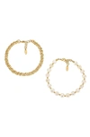 ETTIKA SET OF 2 CULTURED FRESHWATER PEARL & CURB CHAIN ANKLETS