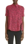 ADAM LIPPES ANIMAL PRINT HIGH-LOW STRETCH COTTON BUTTON-UP BLOUSE