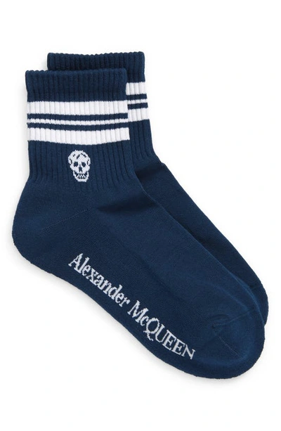 Alexander Mcqueen Skull Stripe Anke Socks In Petrol Blue/ White