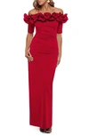 Xscape Ruffle Off The Shoulder Crepe Column Gown In Red