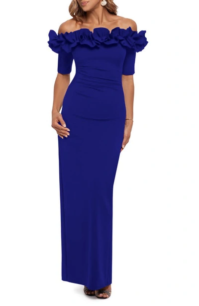 Xscape Ruffle Off The Shoulder Crepe Column Gown In Marine