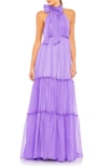 Mac Duggal Bow Neck Tiered Ruffle Gown In Orchid