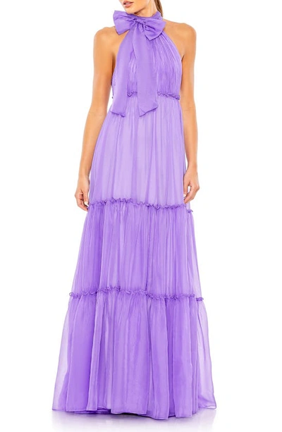 Mac Duggal Bow Neck Tiered Ruffle Gown In Orchid