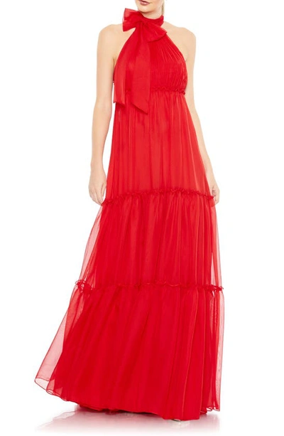 Mac Duggal Bow Neck Tiered Ruffle Gown In Red