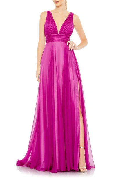 Mac Duggal Ruched Chiffon A-line Gown In Fuchsia