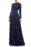 Mac Duggal Embellished Illusion High Neck Long Sleeve A Line Gown In Midnight
