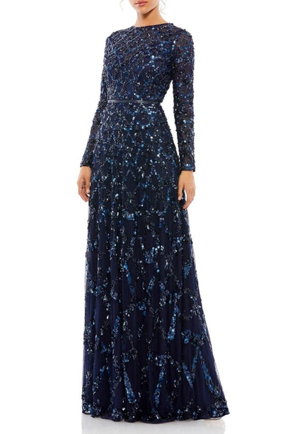 Mac Duggal Embellished Illusion High Neck Long Sleeve A Line Gown In Midnight