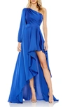 Ieena For Mac Duggal One-shoulder Long Sleeve Satin High/low Gown In Cobalt
