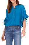 Vince Camuto Ruffle Sleeve Split Neck Blouse In Teal Waters