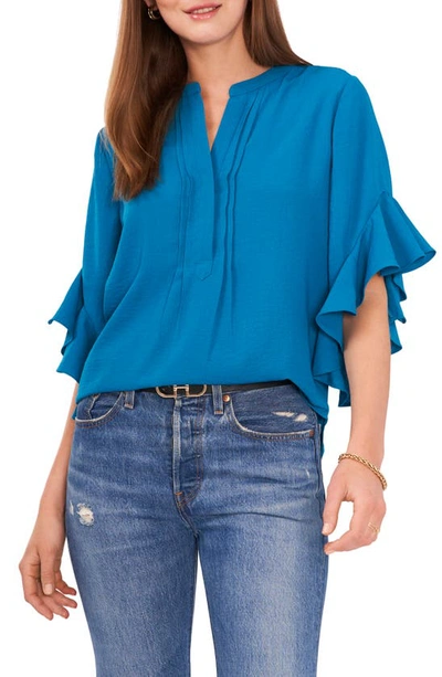 Vince Camuto Ruffle Sleeve Split Neck Blouse In Teal Waters