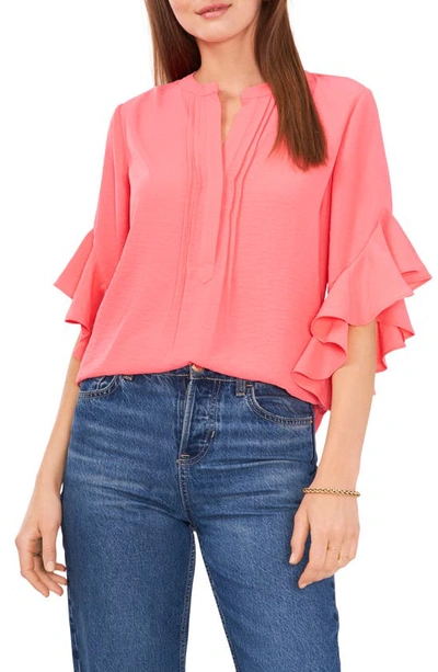 Vince Camuto Ruffle Sleeve Split Neck Blouse In Lush Coral