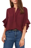 Vince Camuto Ruffle Sleeve Split Neck Blouse In Cranberry