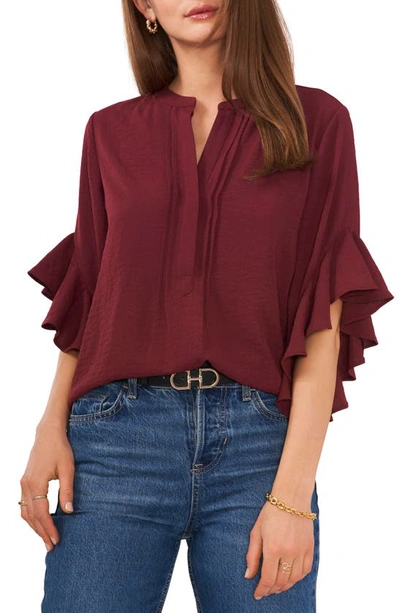 Vince Camuto Ruffle Sleeve Split Neck Blouse In Cranberry