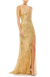 Mac Duggal Beaded Floral Sleeveless Gown In Gold